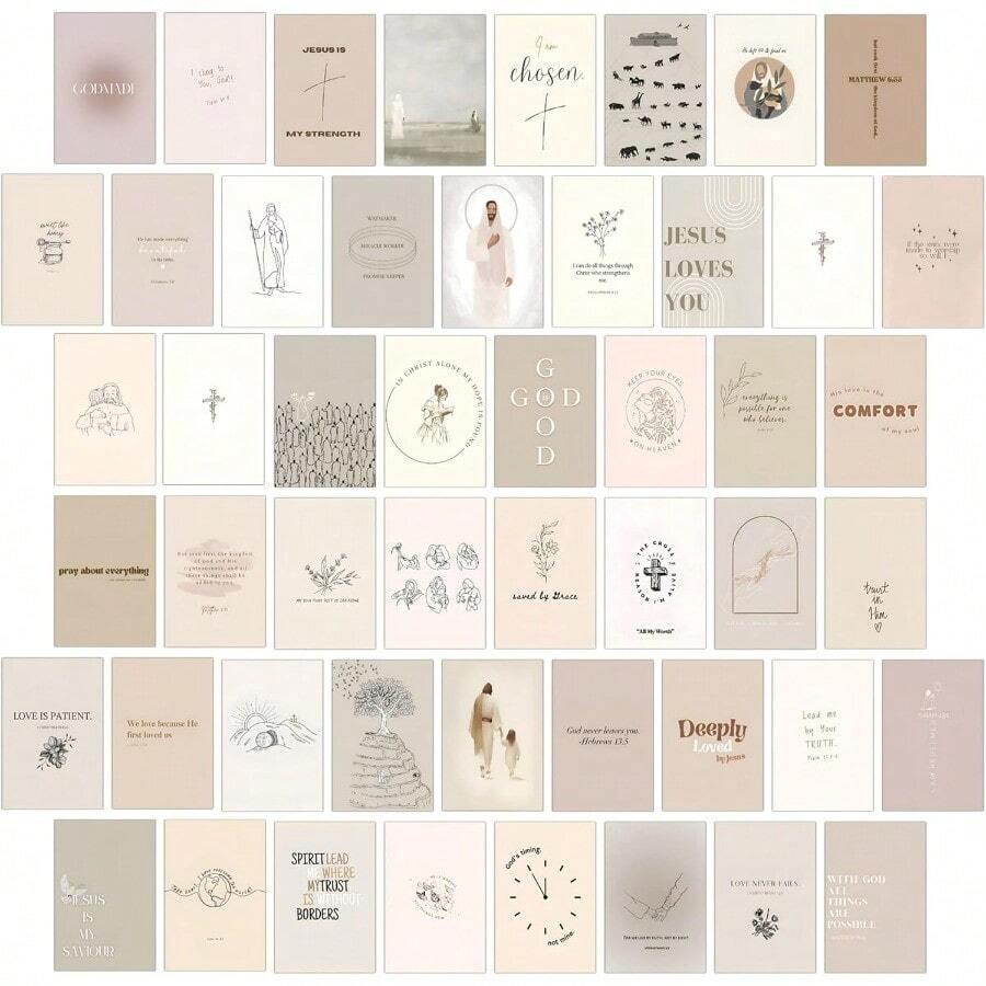 DChristian Wall Collage Kit Neutral Aesthetic Wall Art Prints And Posters 50 Pcs 4x6 Inch Bible Verse Room Decor Christian Wall Decor For Bedroom Dorm Office10 - 中性的 - 查看 1