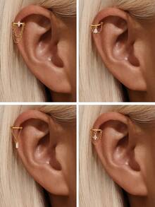 1pc S925 Sterling Silver Ear Cuff Earring, Hypoallergenic Ear Piercing Jewelry, Double Chain Design - Gold - View 2
