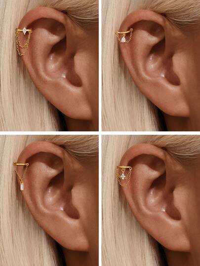 1 Peça Brinco Ear Cuff de Prata 925, Joia Hipoalergênica para Piercing de Orelha, Design de Corrente Dupla