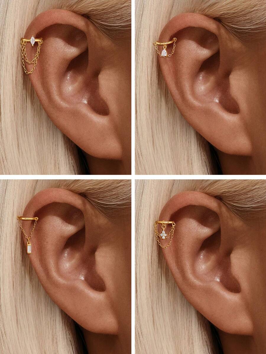 1pc S925 Sterling Silver Ear Cuff Earring, Hypoallergenic Ear Piercing Jewelry, Double Chain Design