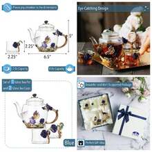 BTaT - Floral Glass Set Adults, Service 2, Fancy Glass Pot8 Oz Cups2 Oz Blue Flower Design With Box, Pot Sets Women