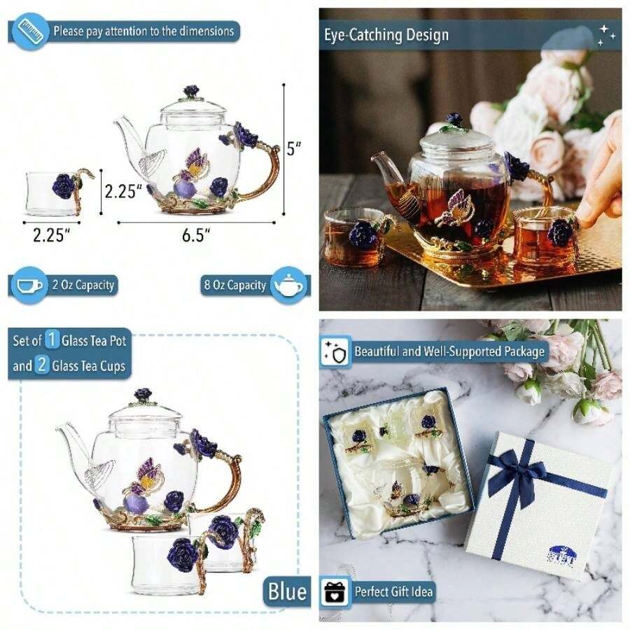 BTaT - Floral Glass Set Adults, Service 2, Fancy Glass Pot8 Oz Cups2 Oz Blue Flower Design With Box, Pot Sets Women