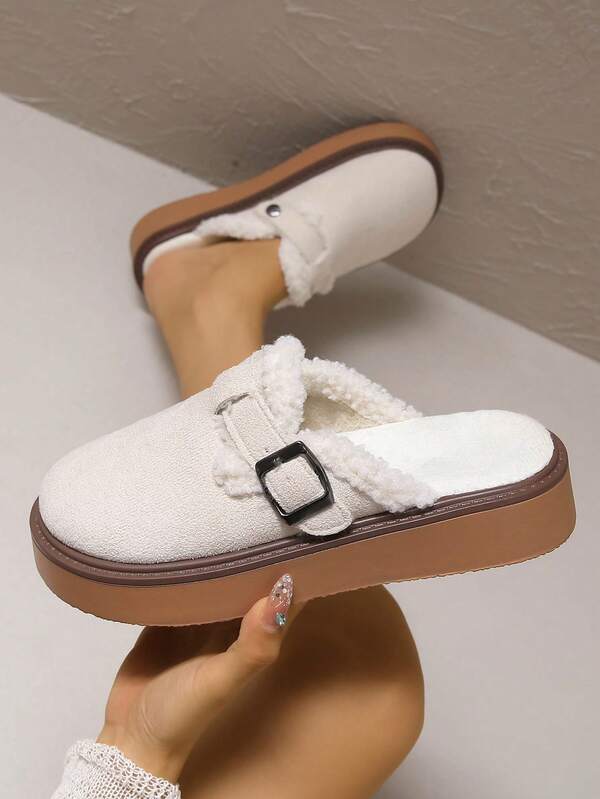 1 par de sandálias com palmilha grossa, sapatos femininos sem cadarço, bico redondo e sem salto, acabamento e forro peludos, mules quentes e casuais com fivela ajustável, tamancos versáteis para atividades ao ar livre, brancos para todas as estações