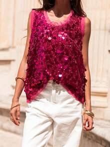 Women's Summer Shiny Sequins Vest Tops Sleeveless Round Neck Fashionable Vintage Party Tank Tops Club Cocktail Parties Dances Streetwear - 玫紅色 - 查看 1