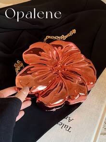 Women's Elegant Mini Flower Shaped Chain Crossbody Bag, Metallic Y2K Style Theme Party Shoulder Bag, Fashionable Novelty Shaped Bags, Versatile Small Mobile Phone Key Coin Purse, Portable Outdoor Travel Vacation Cosmetic Bags, Wear-Resistant Solid-Color Clutch Bag - 紅色 - 查看 7