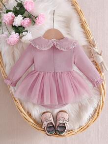 Baby Girls' Cute Floral Peter Pan Collar Long Sleeve Floral Design Hem Mesh One-Piece Bodysuit, Suitable For Everyday Outings, Spring & Autumn - Pink - View 3