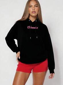 Women's Hoodie, Fleece-Lined Warm Pullover Sweatshirt With  Pocket, Loose Fit For Autumn & Winter - Soft Daily Outerwear, Bow & Cherry Print, Cute Casual Autumn Outfit, , Tops For Women Hot Outfits - 黑色 - 查看 3