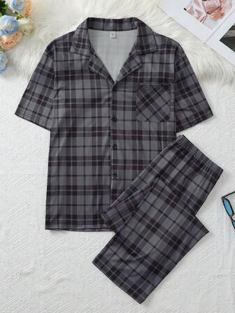 Men's Spring/Summer Lightweight Pajama Set, Collared Button Pocket Contrasting Grid Print Short Sleeve Top & Long Pants, Casual Comfort Homewear