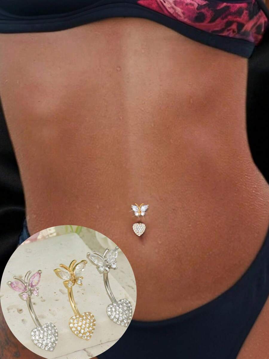 1 件朋克风格肚脐穿孔首饰，蝴蝶和心形锆石肚脐环，适合女性派对、舞蹈比赛和日常佩戴