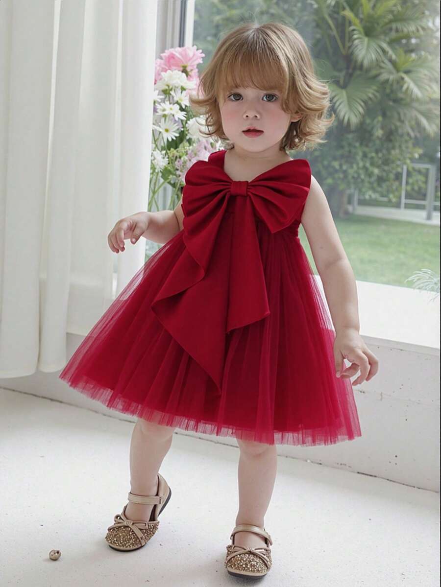 Baby Girls' Burgundy Bow Christmas Party Dress, Elegant Princess Tulle Gown, Suitable For 1st Birthday, Wedding, Banquet, Holiday Celebration - Burgundy - View 1