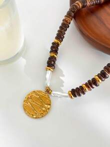 Monlansher Women's Autumn/Winter New Beaded Stainless Steel Round Pendant Necklace, Wooden Beads Paired With Stainless Steel Round Pendant, Fashion Minimalist Everyday Wear Luxury Elegant Beaded Pendant Necklace - Gold - View 6