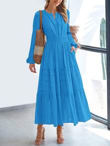 Women Fall Maxi Dresses Long Sleeve High Waist Tiered Flowy A-Line Boho Bohemian Long Dress Beach Holiday Vacation Wedding Guest Valentine Outfit - 亮藍色 - 查看 3