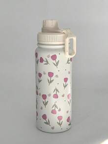 1pc Pink Tulip Heart Shaped Stainless Steel Vacuum Insulated Water Bottle - Double Wall Thermal Tumbler, Suitable For Both Hot & Cold Drinks, 20.29oz/27.05oz/33.81oz Sizes, Perfect For Travel, Gym, Outdoor Activities & Gifts