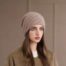 Women Slouchy Hat, Elastic Knitted Hat Pearls Soft Beanie Warm Cap For Casual Daily - Khaki - View 1