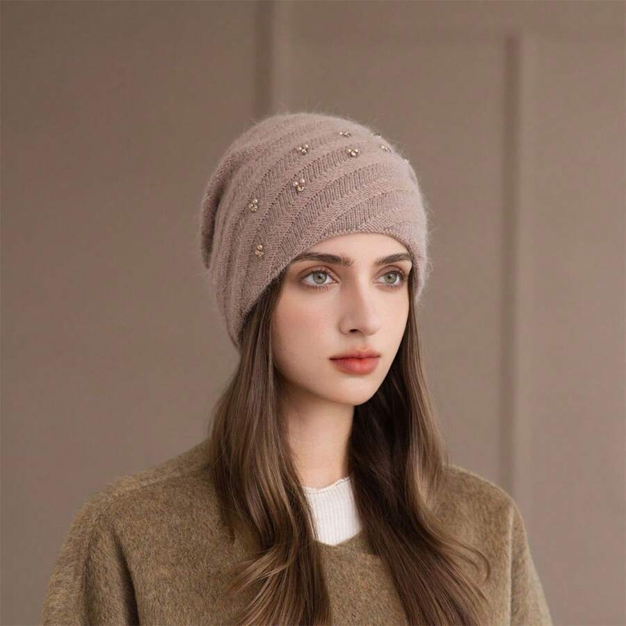 Women Slouchy Hat, Elastic Knitted Hat Pearls Soft Beanie Warm Cap For Casual Daily - Khaki - View 1
