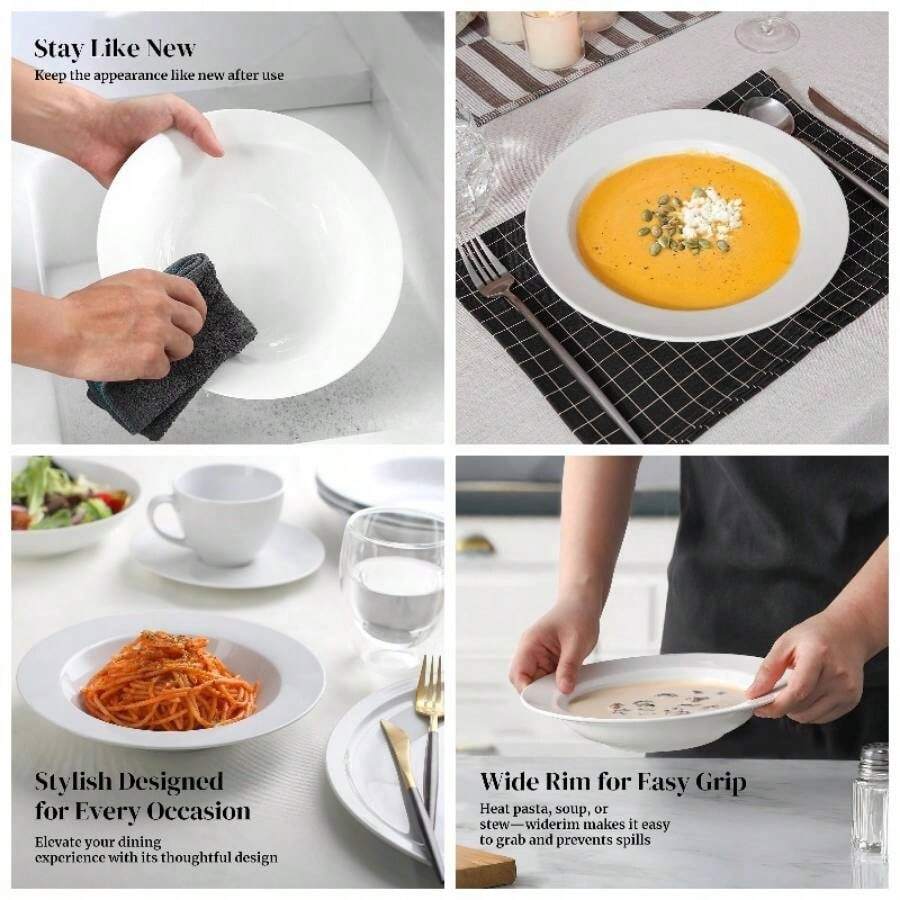 Soup And Pasta Bowls Set Of 4, White Porcelain Wide Rim Salad Plates, 20 Ounces, Microwave Dishwasher