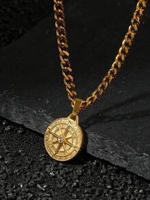 时尚男士指南针吊坠项链 60cm 不锈钢金链项链 复古酷炫风格 适合日常佩戴礼物 - 金黃色 - 查看 4