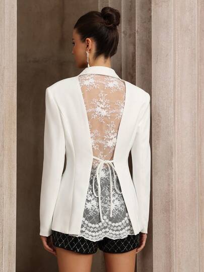 女士翻领撞色蕾丝露背系带假口袋修身派对西装外套，优雅时尚的设计适合各种派对和婚礼，非常适合办公室穿着和社交活动