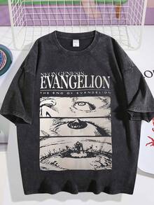 EWH Men's Loose Retro Washed T-Shirt, New Century Evangelio EVA Anime Print, Washed And Worn Loose Casual Short Sleeved ShirtDG004 - 黑色 - 查看 1