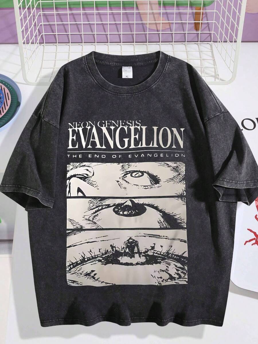 EWH Men's Loose Retro Washed T-Shirt, New Century Evangelio EVA Anime Print, Washed And Worn Loose Casual Short Sleeved ShirtDG004 - 黑色 - 查看 1