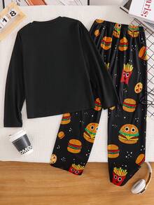 Set de 2 piezas Pijama de niño pequeño con estampado de hamburguesa feliz y papas fritas, con parte superior de cuello redondo de manga larga y pantalones casuales estampados, hecho de tela suave, adecuado para uso diario en primavera, otoño e invierno, también es un regalo infantil pensativo. - Negro - Ver 4