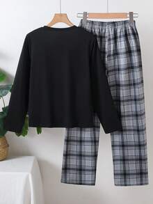 2pcs Boys Plaid Pajama Set, Round Neck Long Sleeve "BRO" Letter Print Top Paired With Plaid Print Casual Pants, Sleepwear Set, Suitable For Spring, Autumn, Winter Home Wear, Also Can Be Children's Gift - Black - View 3