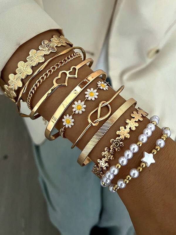 1 Conjunto de Pulseiras Vintage, Elegante, Boho com Flor, Estrela, Pérola, Contas, Geométrico, Nó, Texto de Amor, Camadas de Corrente, Moda, Fofo, Minimalista, Requintado, Design Retrô, Adequado para Feriados, Festas, Encontros, Presentes, Uso Diário