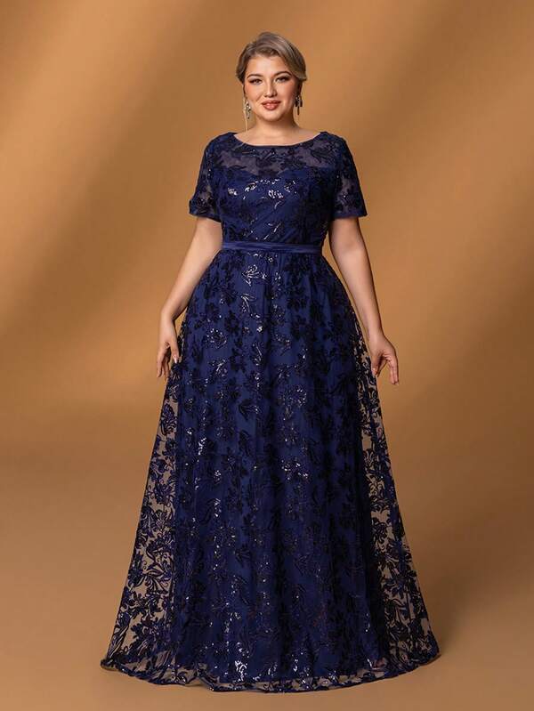 Faeriesty Mosy Plus Short Sleeves Floral Sequin Mother Of The Bride Dress&Wedding Dress&Formal Party Dress&Long Evening Gown