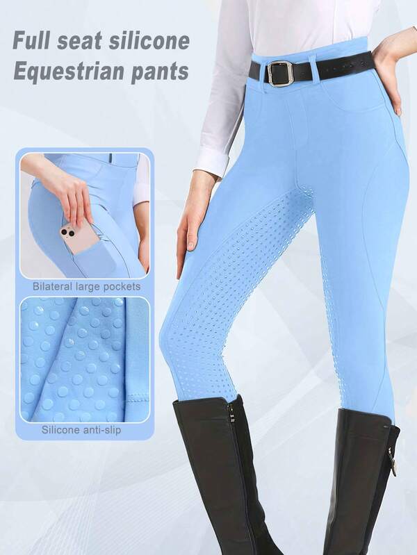Women's Equestrian Pants, Quick-Dry Pants With Silicone Anti-Slip Riding Pants, 80% Polyester 20% Spandex Knit Fabric, Geometric Pattern Tight Cycling Pants With Pockets, High Elasticity, Suitable For All Seasons, Waist Belt Not Included