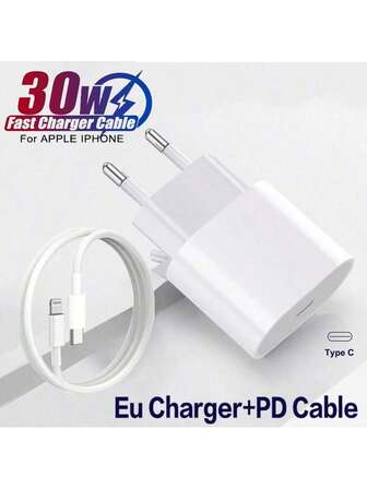 30W snabbladdare med EU-kontakt, inkluderar 1M (3,3ft) USB-C till USB-C och USB-C till Lightning-datakabel, kompatibel med iPhone 17/16 Pro Max/16 Pro/16/15 Plus/15 Pro/15/14/Plus/13/12/11/Pro Max och iPad, perfekt för hemmet, kontoret och resor, även en utmärkt julklapp/present till familjen.