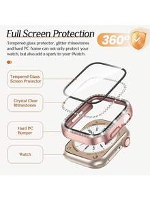 1pc Unisex Shiny Rhinestone Decorated Fashionable Scratch-Resistant 2-In-1 Ultra-Thin Tempered Glass Screen Protector & Watch Case, Compatible With Apple Watch 38/40/41/42/44/45/46/49mm, Suitable For Apple Watch Series Ultra/SE/11/10/9/8/7/6/5/4/3/2/1, Smart Watch Accessory - Rose Pink - View 3