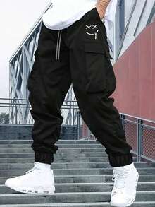 Plus Size Men Letter Graphic Drawstring Waist Tapered Casual Cargo Pants, Fall