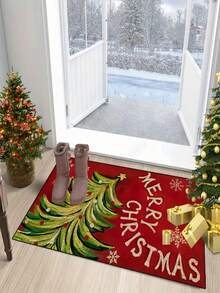 1pc New Christmas Tree Doormat, Suitable For Living Room, Bedroom, Indoor - Machine Washable - Flannel Material, Delicate Wrap, Skin-Friendly, No Pilling, Water-Resistant Easy Care, Odorless - Ideal For Home Decor, Room Decor, Living Room Carpet, Bedroom Carpet, Bathroom Carpet, Kitchen Carpet, Area Rug, Hotel Decor - Area Rug, All Season Use.