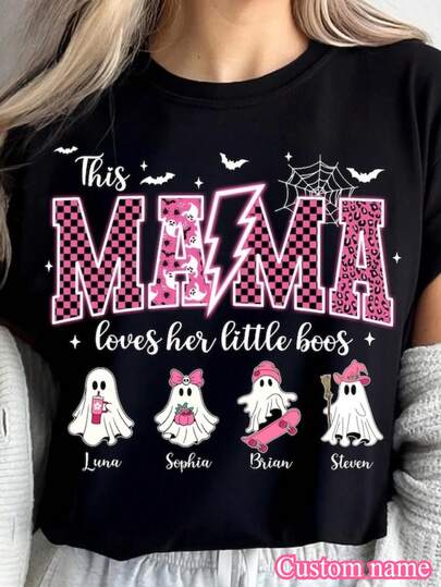 1pc This Mama Loves Her Boos Shirt, Mama Halloween Shirt, Custom Halloween Mama Tee, Spooky Mama Shirt, Halloween Ghost Tee, Mama With Kids Name