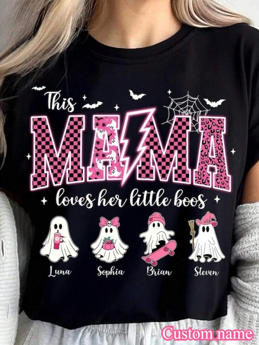 1pc This Mama Loves Her Boos Shirt, Mama Halloween Shirt, Custom Halloween Mama Tee, Spooky Mama Shirt, Halloween Ghost Tee, Mama With Kids Name
