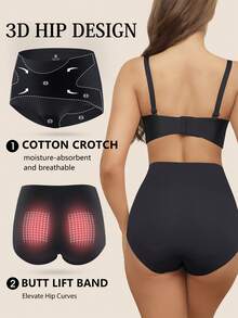3pcs Black High Waist Seamless Women's Underwear, Double Layer Patchwork, Criss-Cross Strap, Full Coverage, Soft & Comfortable - Black - View 4