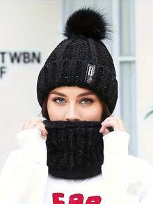 Set de 2 piezas de gorro de boina de invierno para mujer y bufanda con forro polar y pompón - Transpirable, elástico, cierre con cremallera, lavar a mano, ideal para Navidad y otoño