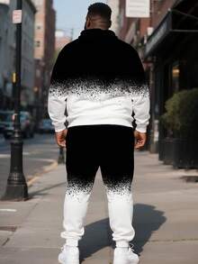 Bộ 2 món dành cho nam cỡ lớn, gồm áo hoodie và quần jogger, có khóa kéo, in hình gấu bông và họa tiết chuyển màu, kiểu dáng rộng rãi thoải mái, trang phục thể thao đường phố cho mùa xuân, thu và đông. - Đen và trắng - Xem 2