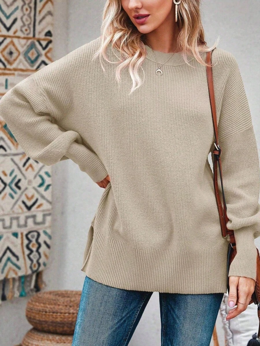 Saodimallsu Womens Fall Oversized Tunic Sweaters Slouchy Long Sleeve Ribbed Knit Side Slit Pullover Jumper - Beige - View 1
