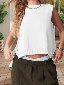 Women's Knit Tank Tops Sleeveless Crew Neck Solid Color Side Tie-Up Loose Fit Vest For Summer Spring Fall - 白色 - 查看 2