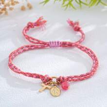 1PC Bohemian Cross Half Stone Bronze Adjustable Rope Bracelet For Women & Couples - Stackable, Gift For Her, Christian Jewelry