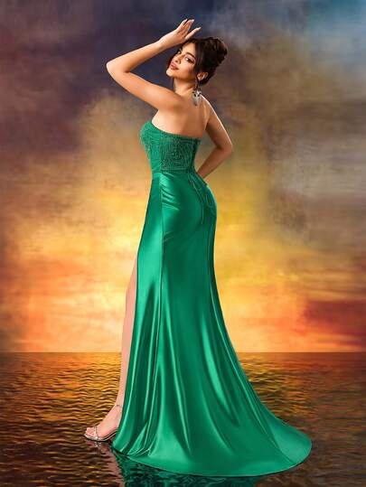 Beaded Strapless Formal Evening Dress Fine High Heeled Front Split Party Dress Elegant Evening Gown For Party,Wedding Guest,Celebration,Anniversary