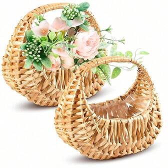 1 pieza/2 piezas Juego de cestas para niña de las flores - Cestas de ratán con forro impermeable, cesta pequeña de mimbre con asa para decoración de boda, fiesta de bebé, confeti, dulces, decoración y regalos - Compacta y reutilizable