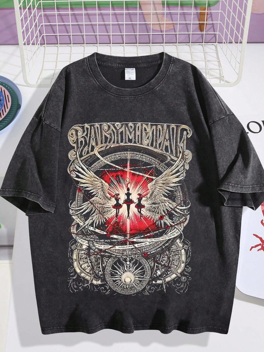 EWH Retro BABYMETAL Theme, Men's Washed T-Shirt, Vintage Style Personalized Printed Short Sleeved ShirtDG004 - màu đen - Xem 1