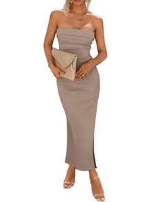 Women's Summer Bodycon Maxi Tube Dress Ribbed Strapless Side Slit Long Going Out Casual Elegant Party DressesHalloween Christmas New Year - 條紋海軍白 - 查看 6