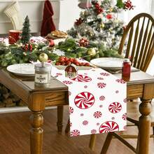 Christmas Linen Red And White Candy Cane Tablecloth, Candy Pattern Rectangular Table Runner, Seasonal Winter Christmas Holiday Farmhouse Style Dining Table Decor - Multicolor - View 3