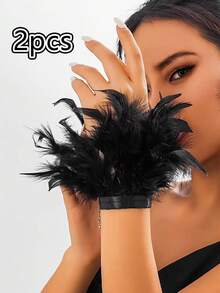 2 piezas/1 pieza Brazalete de novia de estilo bohemio con plumas artificiales - Elegante, encantador, lujoso, accesorio de pulsera de moda para mujeres - Adecuado para fiestas, reuniones, citas, festivales, cosplay, fotografía, actuaciones de baile, decoraciones de boda, regalos para amigos [Halloween, Navidad, temporada de regreso a la escuela]