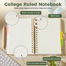 A5 Hardcover Spiral Notebook Journal, 5 Subject Notebook College Ruled, With Removable Dividers Tabs, 2 Stickers, 300 Pages Lined Notebooks For Work & School Note Taking, Inner Pocket, 6.1" X 8.4" - Hồng - Xem 5