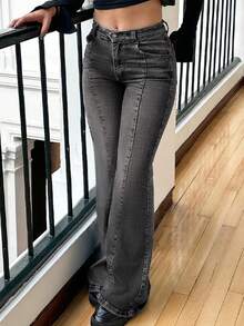 Women Bootcut Jeans Flare Jeans Mid-High Waisted Stretchy Straight Leg Jeans Seamed Front Loose Denim Pants Spring Clothes - 灰色 - 查看 1