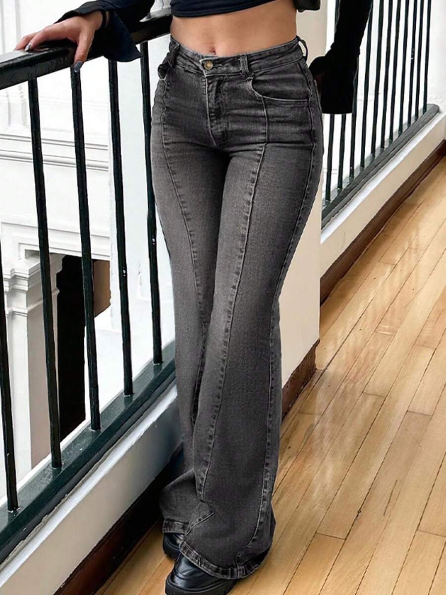 Women Bootcut Jeans Flare Jeans Mid-High Waisted Stretchy Straight Leg Jeans Seamed Front Loose Denim Pants Spring Clothes - 灰色 - 查看 1